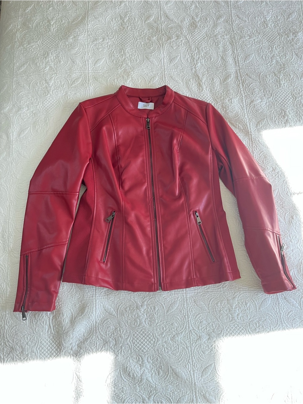 Suzy Shier Red Faux Leather Zip-Up Women's Jacket